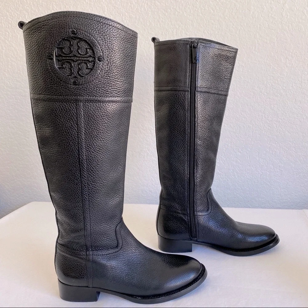 Tory Burch Kiernan logo Riding Leather Boots Black